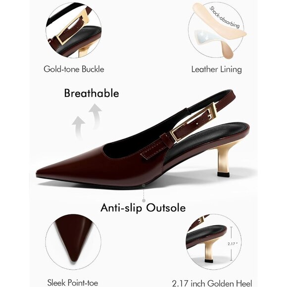 Women's Red Brown Slingback Kitten Heels Closed Pointed Toe Pumps Buckle Strap - Picture 3 of 6